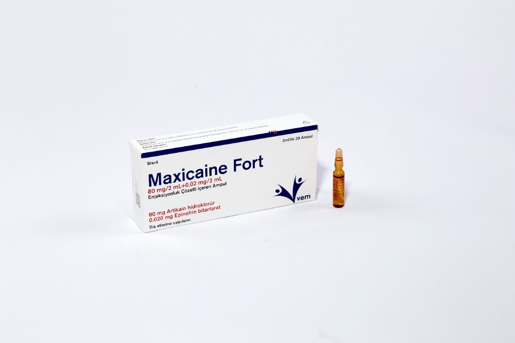 MAXİCAİNE FORT 80 mg/2 ml+0,02 mg/2 ml enjeksiyonluk çözelti içeren ampul